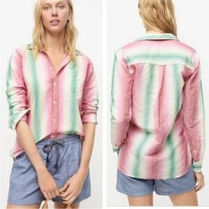J CREW Womens Sz 8 Shirt Linen Striped Green Pink White Long Sleeve Button Up